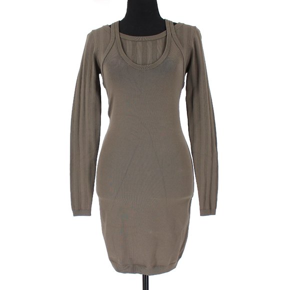 Alexander Wang Mesh Stripe Bi-Layer Long Sleeve Knit Mini Dress Moss X-Small NEW